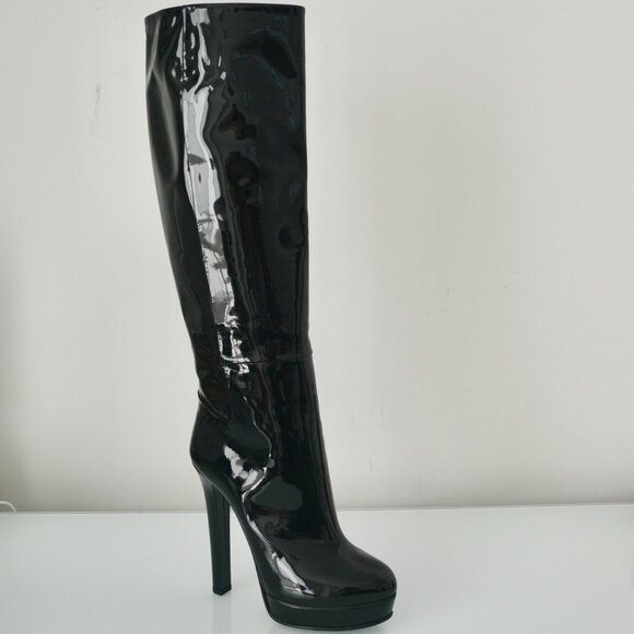 NIB GUCCI PATENT LEATHER KNEE HIGH PULL ON BOOTS - Picture 1 of 10